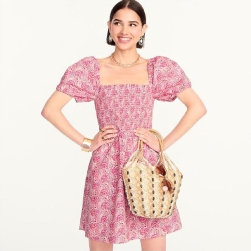 J. Crew Pink Patterned Puff Sleeve Mini Dress